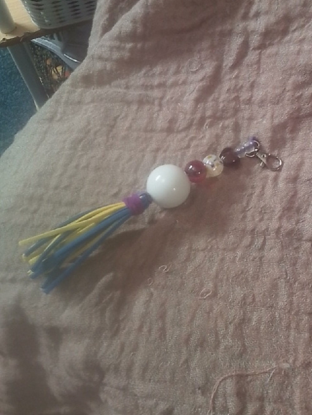 Handmade Tassel Keychain with White Bead and Multicolor Accents
